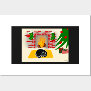 Christmas Kitty by the Fireplace Posters and Art